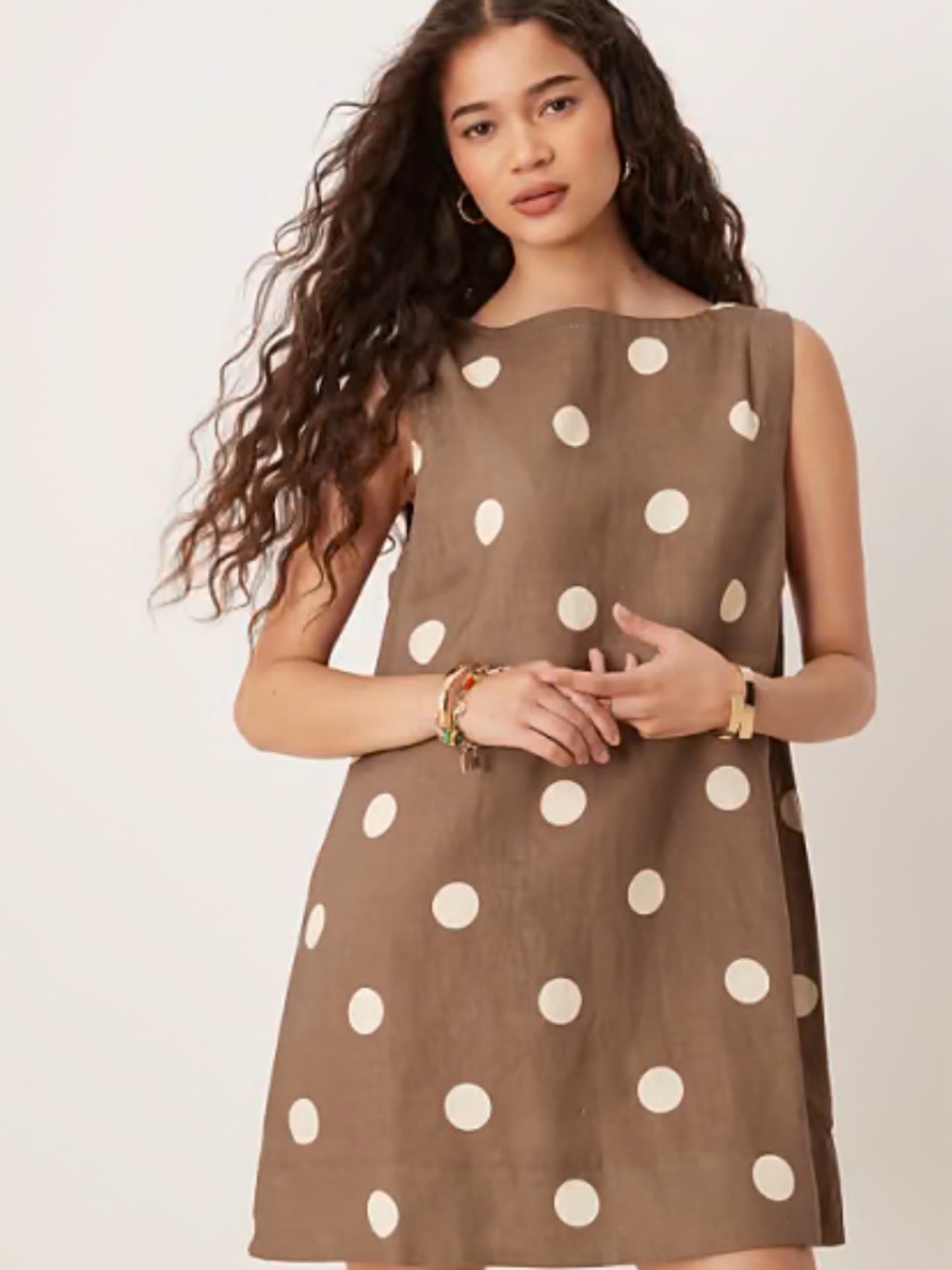 Polka Dot Sleeveless Shift Dress in Brown and Cream